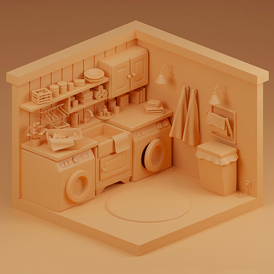 3D laundry room | Clay render 3d 3d art 3d design 3d illustration 3d model 3d modeling 3d object 3d scene b3d blender blender3d c4d cinema4d illustration