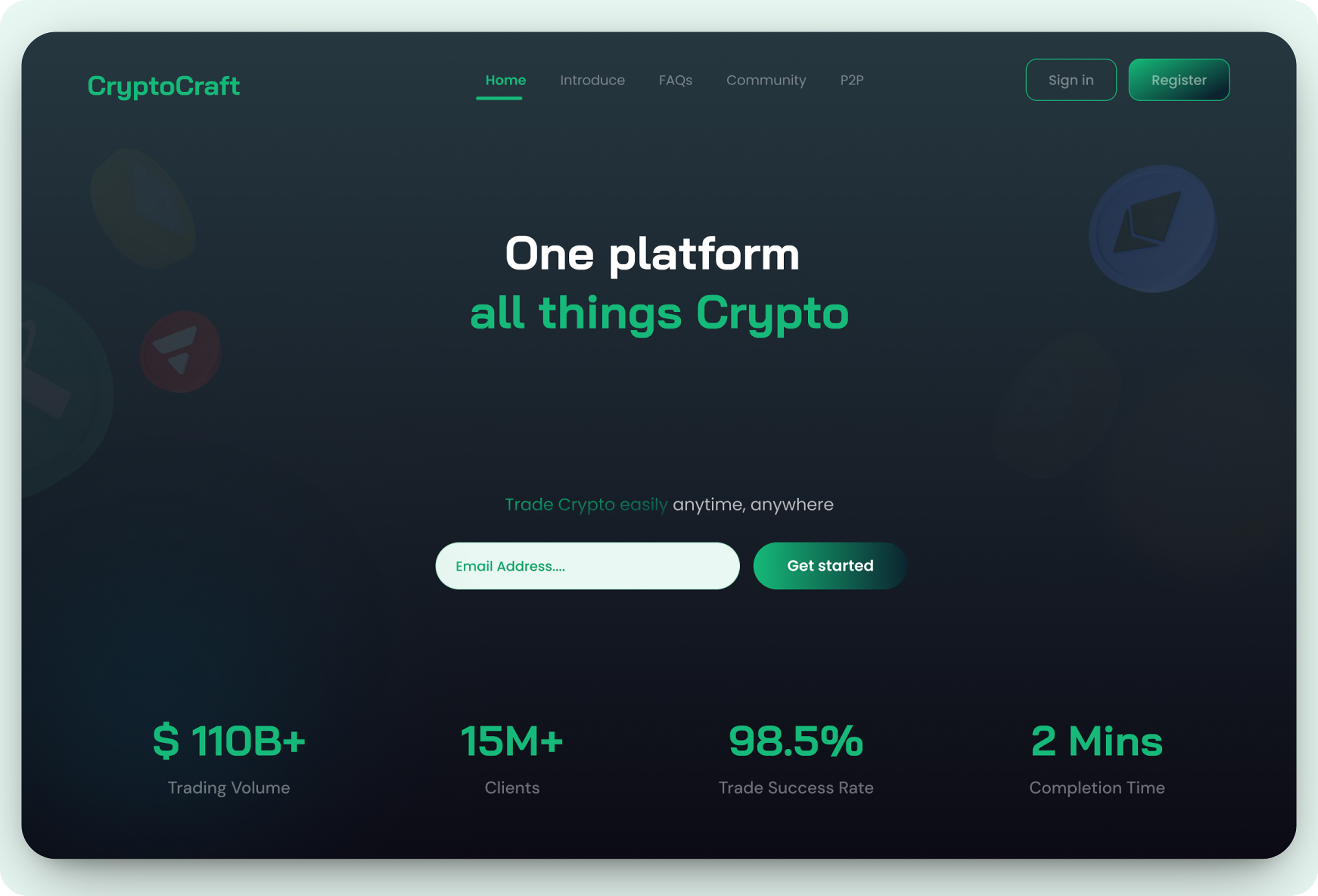 Crypto Website Landing Page bitcoin blockchain crypto cryptotrading crytoexchange digitalassets nft smartcontract wallet web3