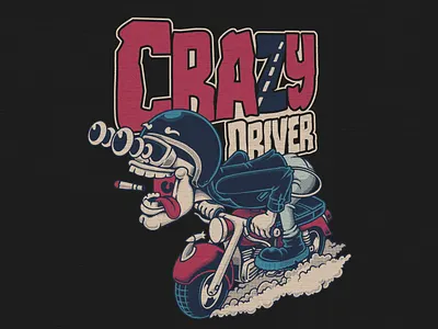 CRAZY DRIVER apparel art artwork branding cartoon crazy dark design drawing driver illustration logo motorcycle retro smoke speed t shirt vector vintage wild