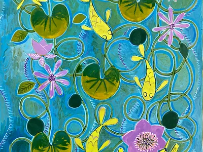 Lilies & Fish No. 1 blue color digital dragonfly drawing fish flowers green illustration leaves lily nature painting photoshop pond vines water yellow