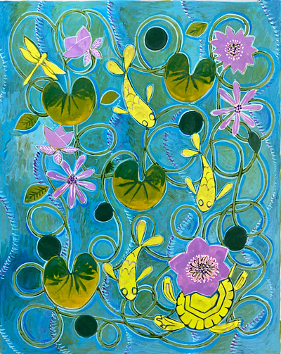 Lilies & Fish No. 1 blue color digital dragonfly drawing fish flowers green illustration leaves lily nature painting photoshop pond vines water yellow