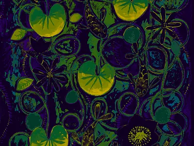 Lilies & Fish No. 2 blue color dark decor digital dragonfly drawing fish flower green illustration lily nature painting photoshop print water yellow