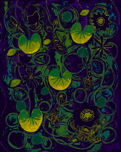 Lilies & Fish No. 2 blue color dark decor digital dragonfly drawing fish flower green illustration lily nature painting photoshop print water yellow