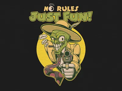 NO RULES JUST FUN apparel art art work branding cartoon character clothing design draw greenmask gun icon illustration mascot mask retro smoking t shirt vintage