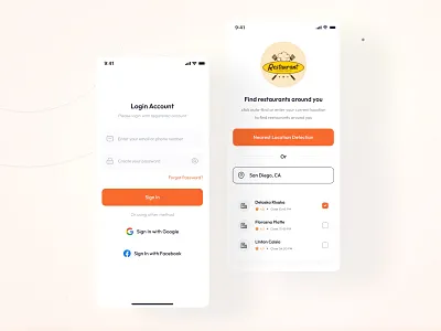 Restaurant Finder App UI Design — Login & Location Search Screen appdesigninspiration cleanappdesign foodappui fooddeliveryappui locationdetectionui login screen loginscreenui mobileappui mobileuxui modernappinterface nearbyrestaurantfinder restaurantappdesign restaurantlocator uiuxdesign uxinspiration