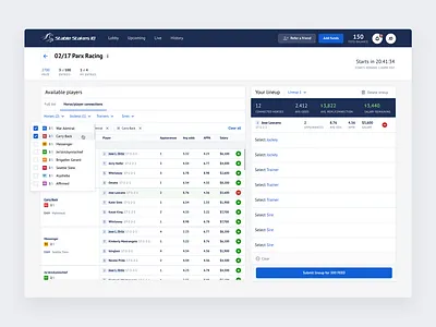 Lineup builder - daily fafantasy horse racing app builder clean dashboard draft kings fan duel fantasy filter horse racing lineup product design remove table ui designer ux web app