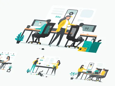 VeryCreatives - Product development flow branding cat character client creatives design development discovery flat flow illustration it meeting people process product teal vector workshop yellow
