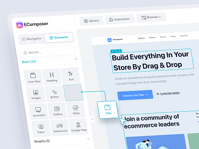 EComposer Page Builder Dashboard Design app design dashboard drag n drop ecommerce editor landing page design page builder product design shopify user interface ux website design