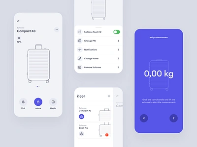 The Smart Suitcase App - Ziggo app application find ia interaction lock measurement protopie purple sidebar smart smart home suitcase touch id ui weight