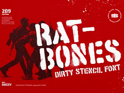 Ratbones - Dirty Stencil Font army branding distressed font graphic design gritty hipster logo military paint protest rebel rough rugged spray stencil street typeface typography urban