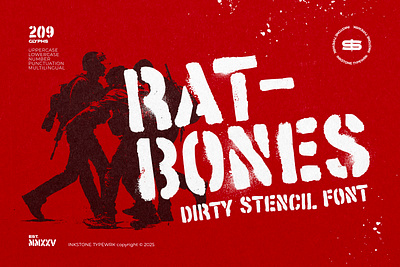 Ratbones - Dirty Stencil Font army branding distressed font graphic design gritty hipster logo military paint protest rebel rough rugged spray stencil street typeface typography urban