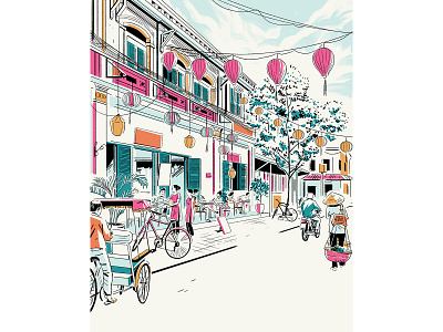 Exploring Vietnam’s Cuisine & Culture charcterdesign cycling design drawn editorial editorialillustration handdrawn illustration lanterns linework mockup muti orange photoshop pink streetfood vietnam vietnamesefood yellow