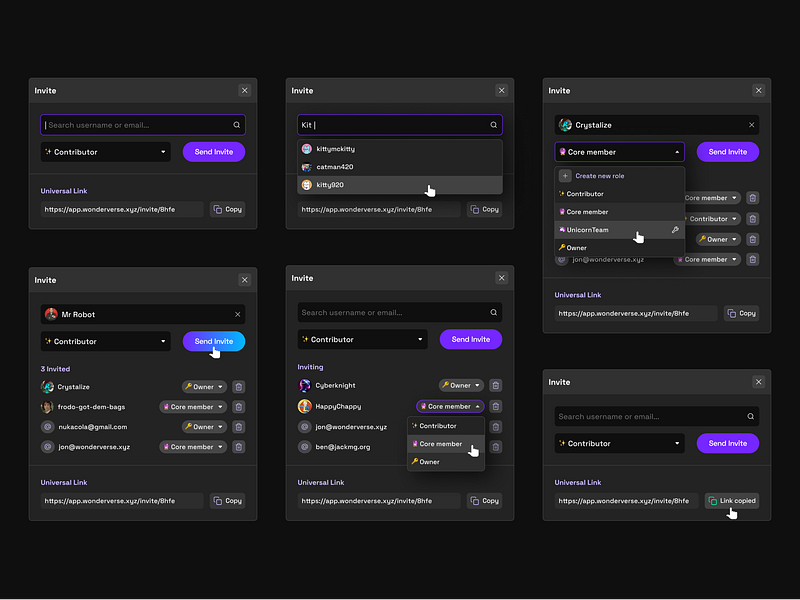 Invitation Modal 💌 access collaboration dark theme design system dialog box invitation invite manage management member members modal owner permissions pop up product design role search username users