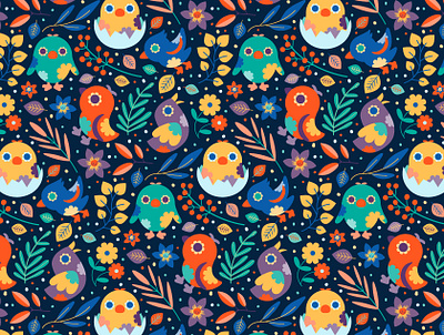 Cute Chicks (dark version) burds chicks coolorful coulourful cute digital art digital arts digital illustration graphic design illustration pattern pattern design seamless pattern surface pattern