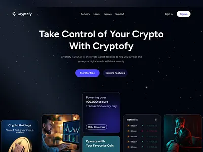 Crypto Landing Page UI/UX Design | Cryptofy crypto crypto currency crypto landing page figma herosection protottype saas saas design ui design user centric uxui webapp webdesign website design