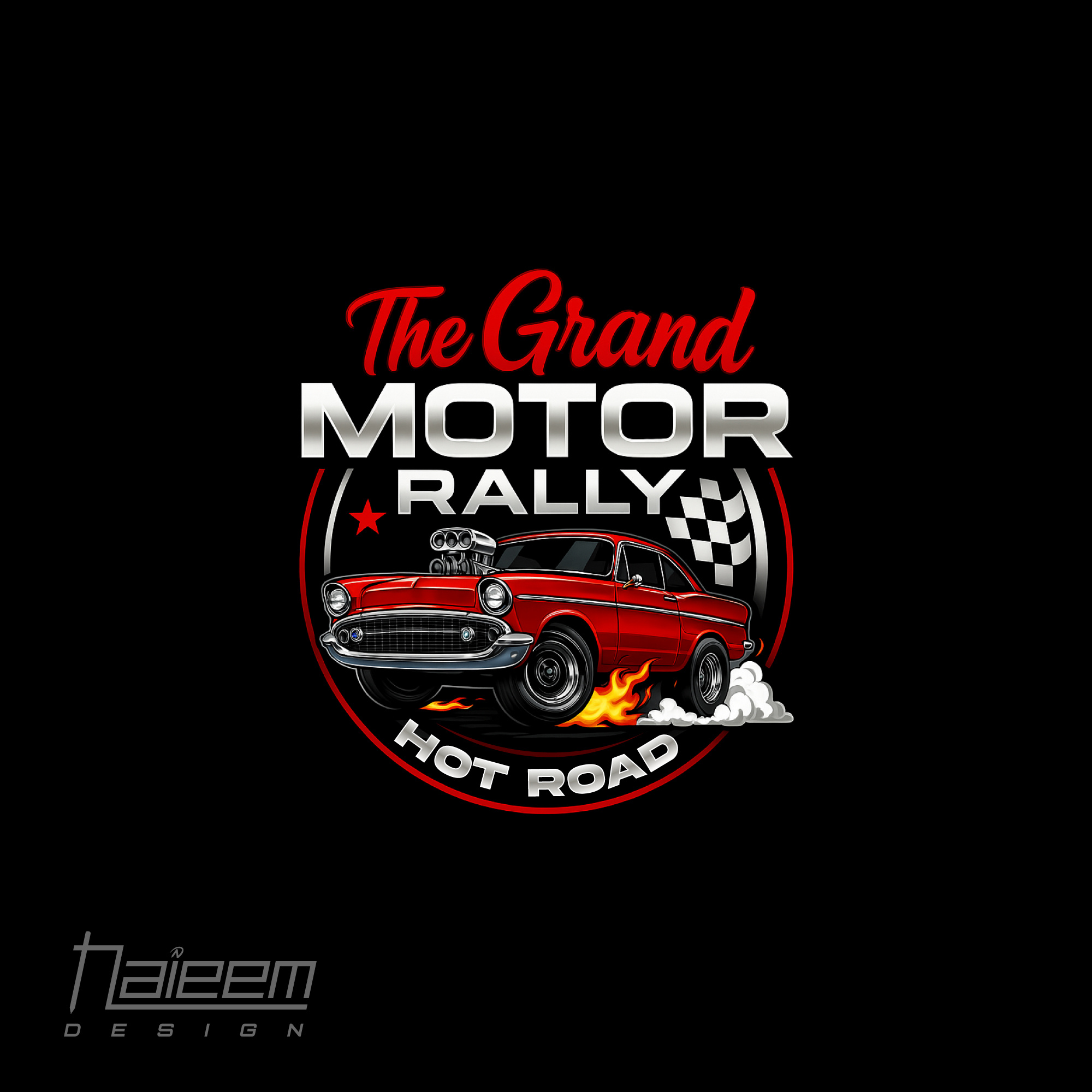 Hot Rod Racing Logo Design | Grand Rally Identity automotive rally badge bold racing logo car rally design checkered flag emblem classic car logo custom car logo design drag race logo flame car logo hot rod logo logo for car event motor rally logo muscle car badge old school car logo performance car emblem race track logo racing event logo rally event branding retro automotive logo speed logo design vintage racing logo