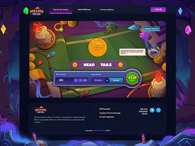 Wizards of Metis: Coinflip game 2d game betting casino casino game coin coinflip dark interface gambling game interface uiux web design website