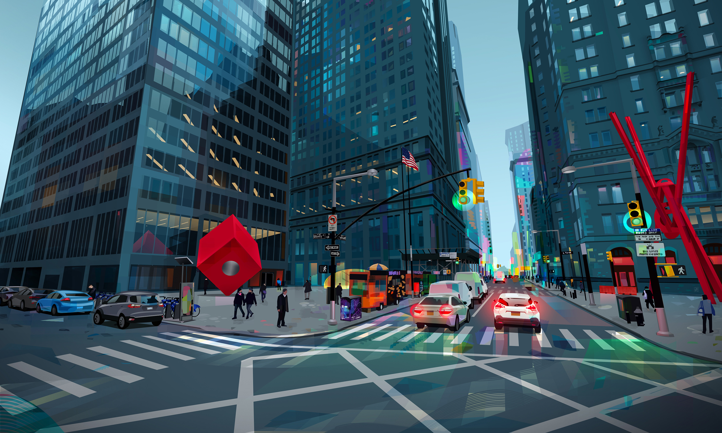 Under the steel sky broadway city colourful design illustration lights print sky steel street vector