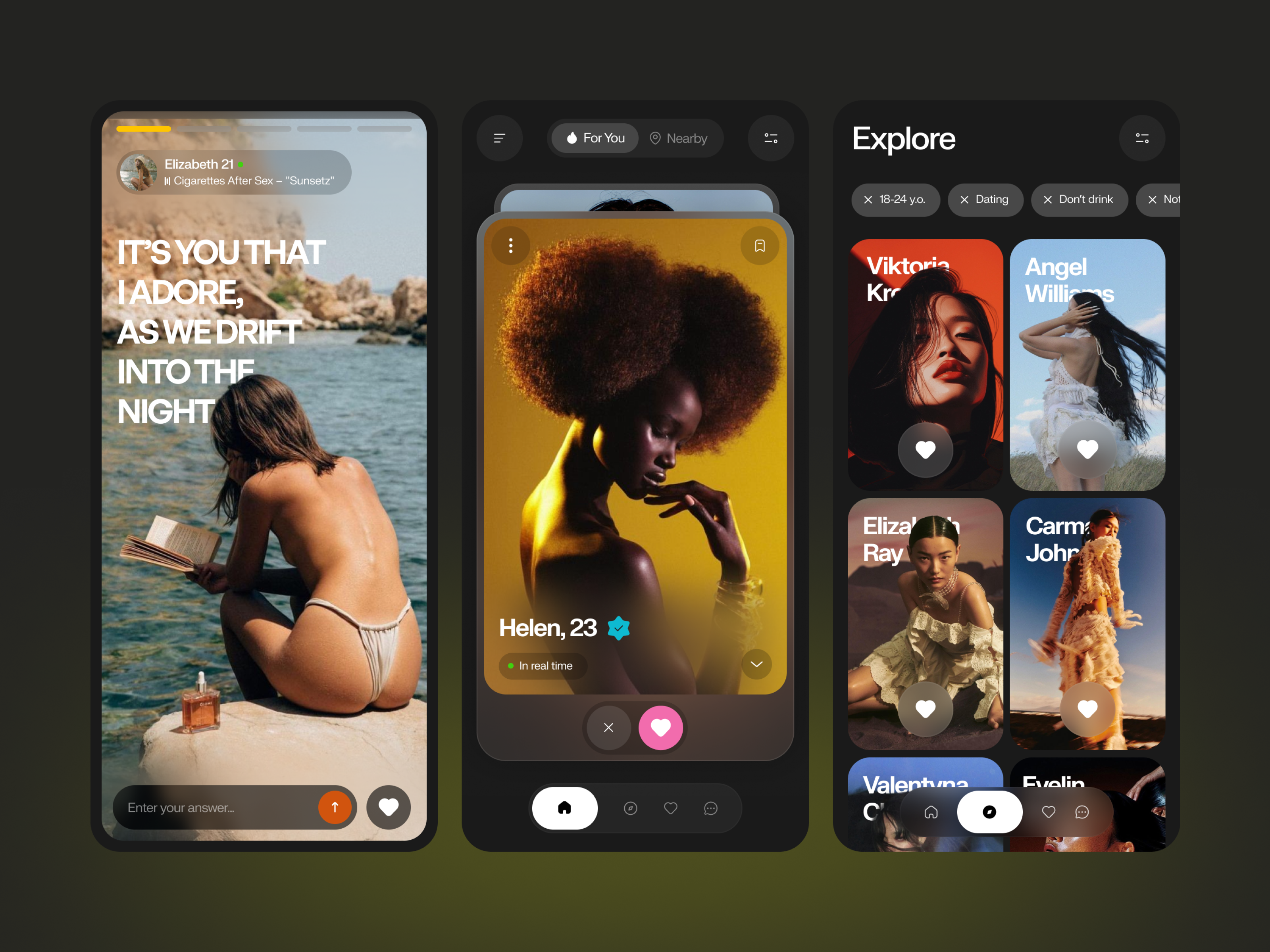 Mobile Dating App andriod app app design bumble chatting dark app date dating app design ios love app match match finder mobile mobile ui online dating relationship tinder ui ux