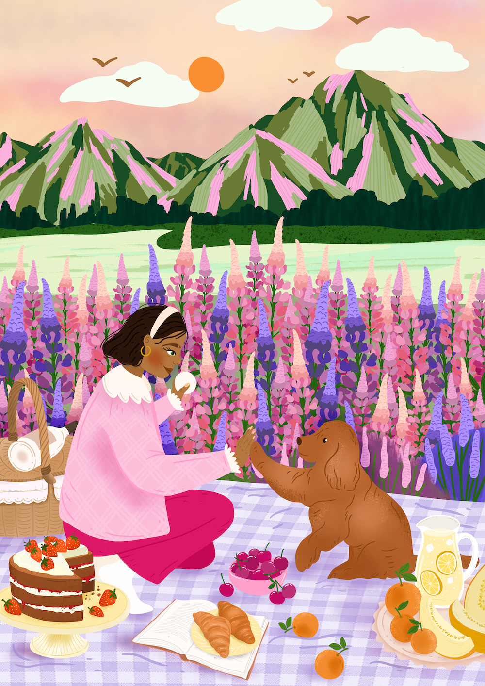 Mountain Whispers & Picnic Dreams adobe animal illustration art artist designer dog editorial flowers illustration women women who draw