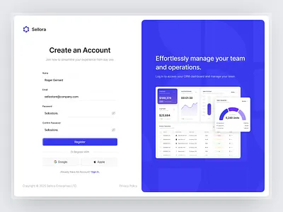 Sellora - Register Page Marketplace Dashboard Saas dashboard design marketplace marketplace dashboard on boarding register register page sign up sign up page ui ui kit ux web app web builder