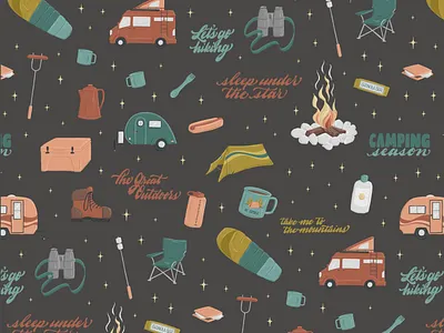 Camping Season art licensing camper camper van campfire camping childrens design drawing handlettering illustration kids lettering pattern pattern design repeating pattern seamless pattern smores tent type typography
