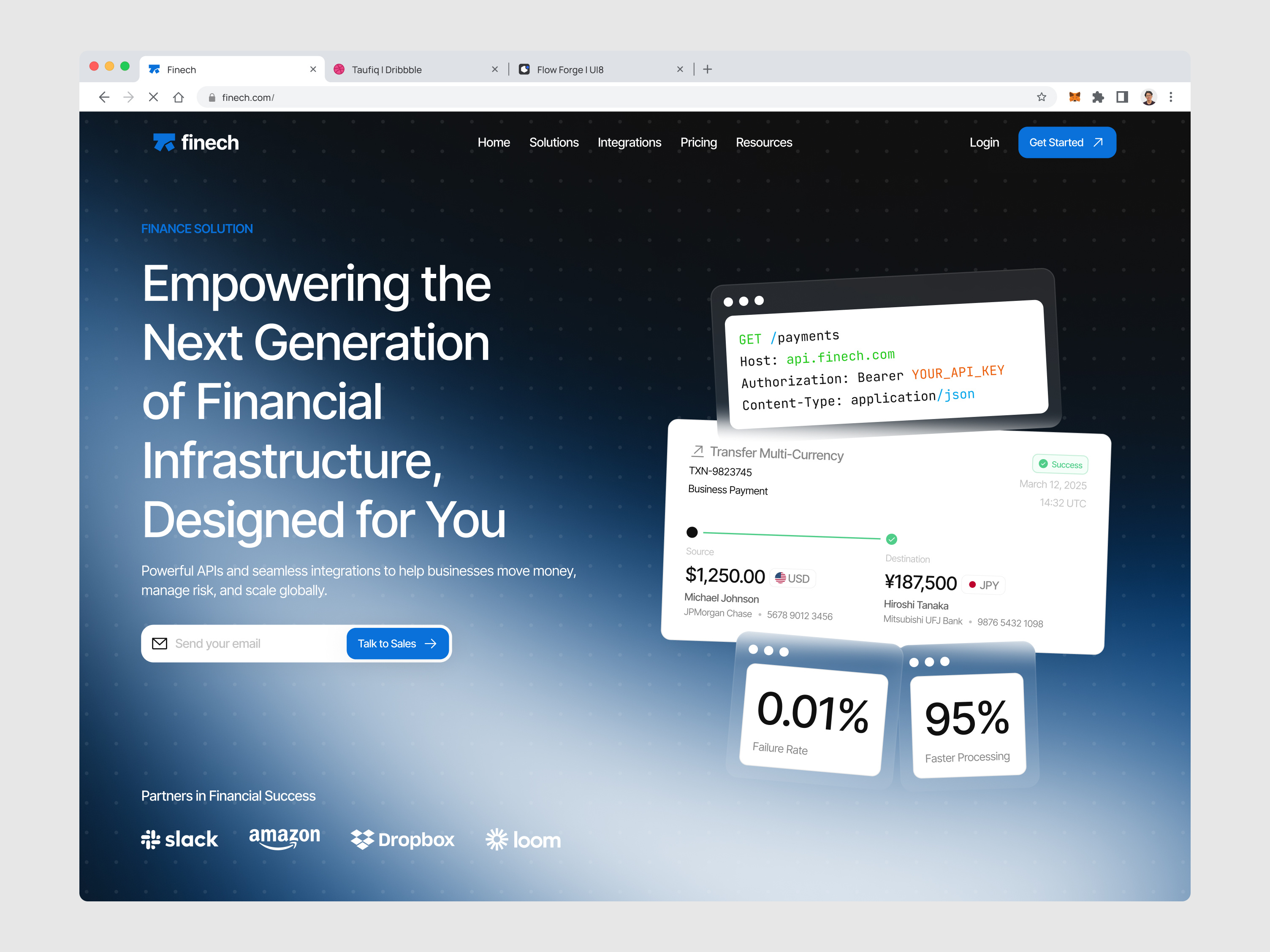 Finech UI Kit - Financial Tech Landing APIs Suite Website UI Kit api integration page bento component customer story financial financial tech finech fintech website integration landing page finance login page payment platform pricing pricing page responsive landing security compliance sign up page succes story testimonial transaction ui kit