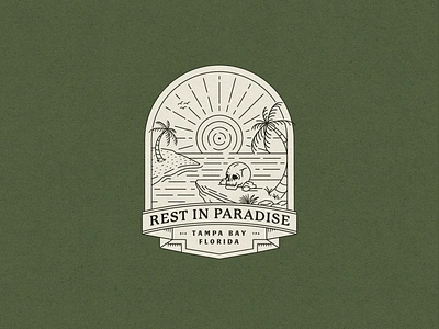 Rest in Paradise badge badge design coast florida illustration lineart linework monoline monoweight ocean palm tree retro skull sun tropical typography vintage water