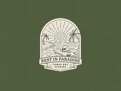 Rest in Paradise badge badge design coast florida illustration lineart linework monoline monoweight ocean palm tree retro skull sun tropical typography vintage water