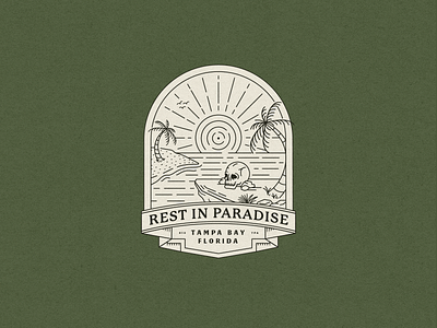 Rest in Paradise badge badge design coast florida illustration lineart linework monoline monoweight ocean palm tree retro skull sun tropical typography vintage water