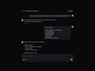 Dark AI Chat 💬 ai chat design list messages minimal saas textbox ui web design