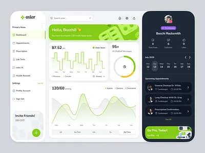 osler v2: AI Telehealth & Telemedicine App - Health Dashboard ai health companion ai telehealth app ai telemedicine app ai virtual health app chart ui clean figma ui kit green health dashboard healthcare dashboard minimal modern simple smart health soft telehealth app telemedicine app virtual health virtual health dashboard