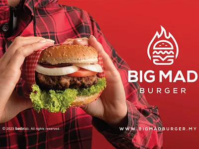 BIG MAD BURGER Logo Design badge beef branding bread burger cafe emblem fb flame food graphic design illustrator juicy logo outline red restaurant ui