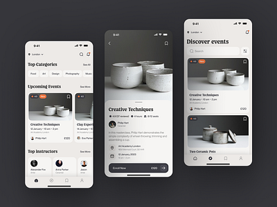Education & Hobby Mobile App Concept app app design art ceramic concept course courses education handmade hobby inspiration learning platform masterclasses mobile mobile app school study teaching ui ui design