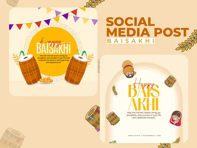 Baisakhi Indian Festival Social Posts Template baisakhi branding creative design dhol event festival graphic design illustration india marketing post social media