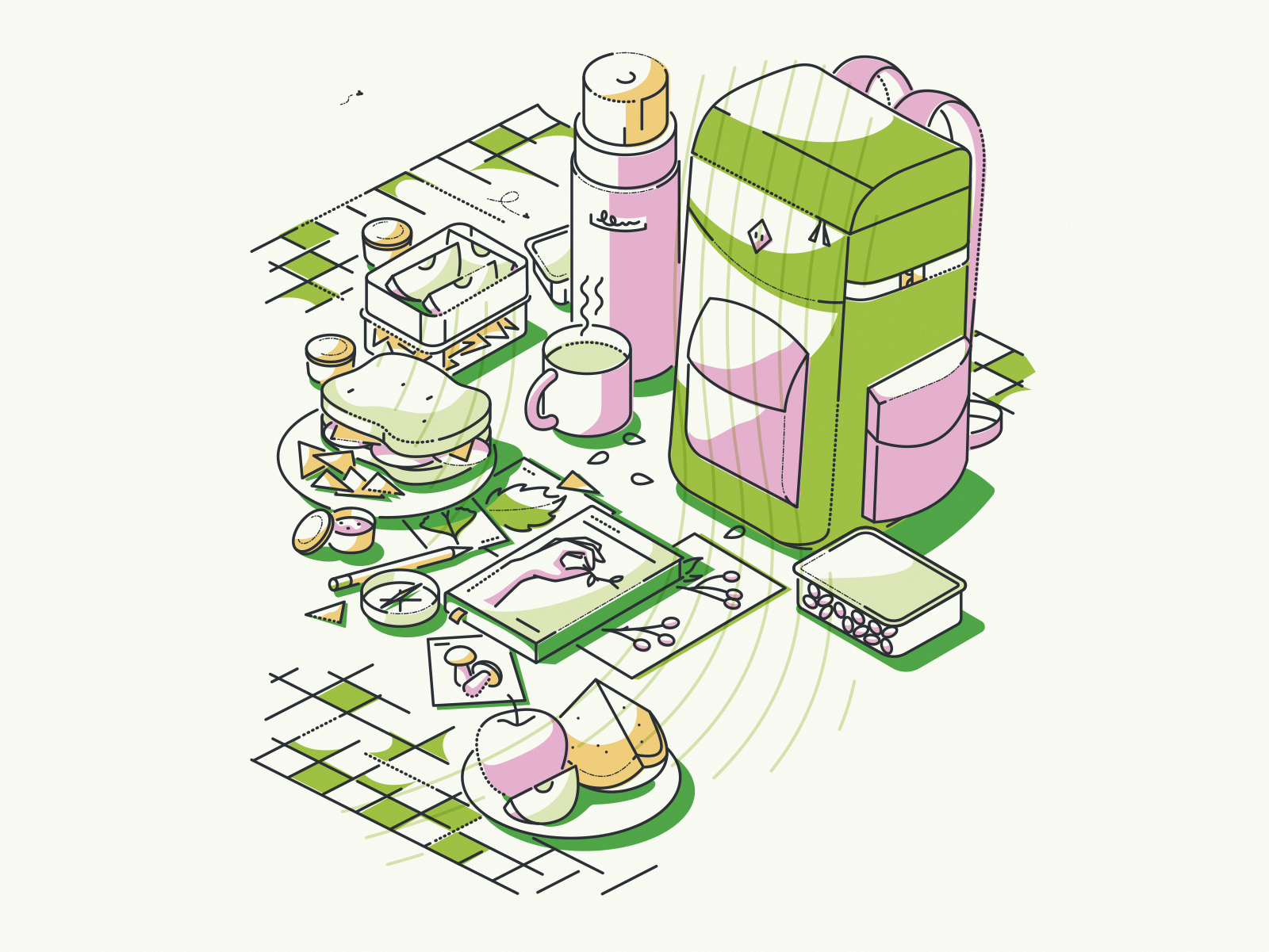 Spring time 🌸 branding colour and lines editorial icon illustration lines minimal picnic spring tech thumbprint ui