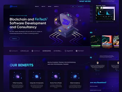 Landing page for Fintech company adaptation benefits bitcoin crypto crypto exchange dark theme design fintech footer it company landing page mobile products reviews ui