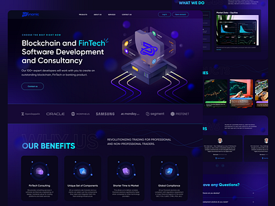 Landing page for Fintech company adaptation benefits bitcoin crypto crypto exchange dark theme design fintech footer it company landing page mobile products reviews ui