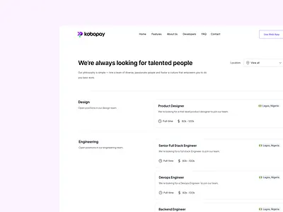Kobopay - Careers Page careers dailui design fintech global illustration jobs landing page uid ux uxd uxui web
