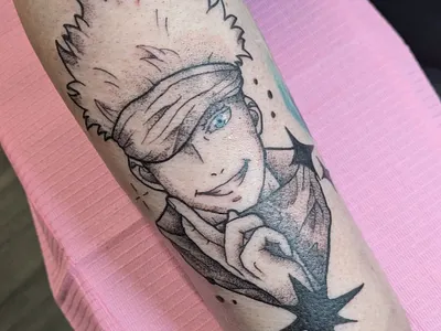 Satoru Gojo anime animetattoo blackandgrey gojo jjk jujutsukaisen satoru gojo stippleshade tattoo tattoos uktattoo