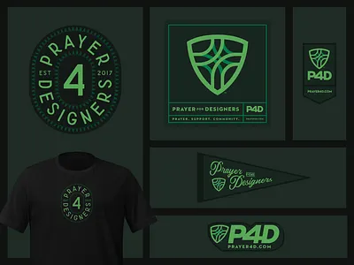 Prayer for Designers badge brand design branding dark green graphic design green lockups logo logo design logo designer non profit pennant prayer shield support