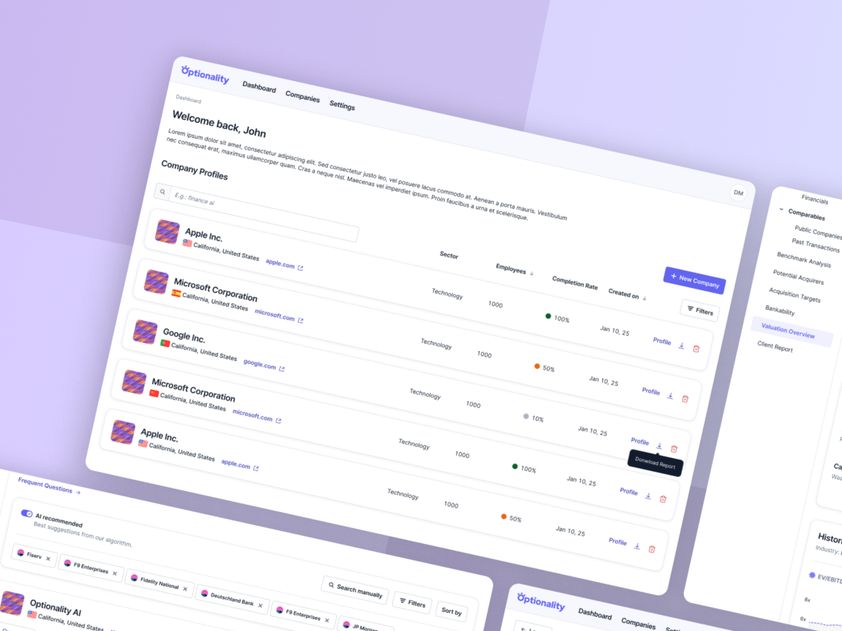 Optionality AI: Designing the Future of Financial Advisory ai platform data analysis financial advisory fintech ma private equity product design saas uiux design workflow automation