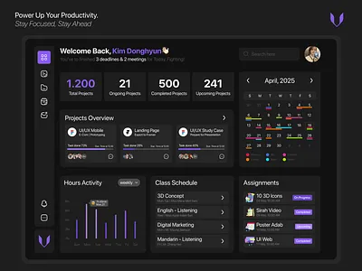 UI Productivity Dashboard Website dark mode dark mode web dashboard personal dashboard productivity purple task ui ui track ui website web dashboard website