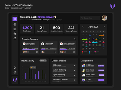 UI Productivity Dashboard Website dark mode dark mode web dashboard personal dashboard productivity purple task ui ui track ui website web dashboard website