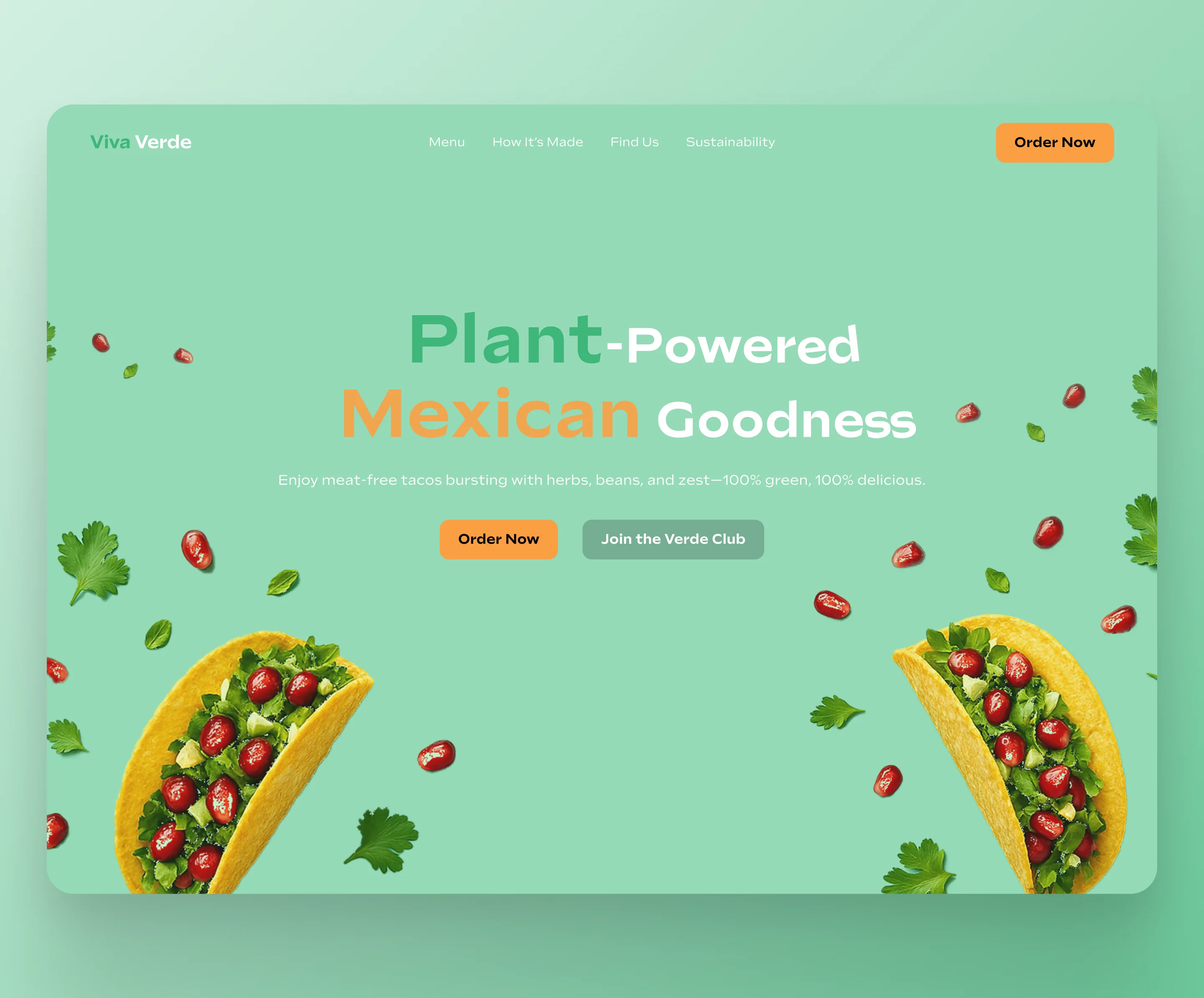 Viva Verde – Plant-Based Taco Hero Section UI branding clean design food hero illustration menu mexican restaurant taco ui ux vector