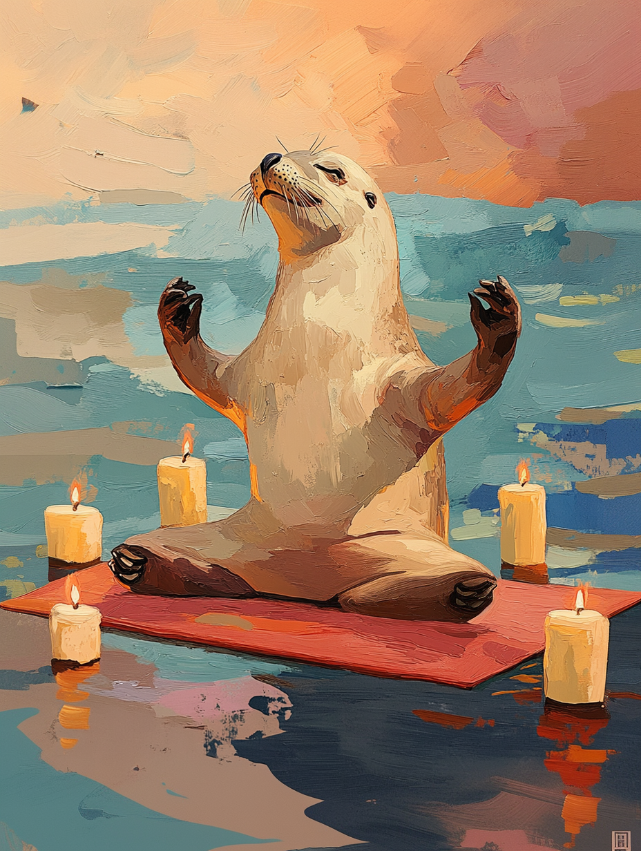 Yoga Seal Art Print, Meditating Seal with Candles, Funny Animal calming nursery art candlelight yoga coastal animal decor coastal home art cute seal painting digital yoga animal print funny animal art meditating seal mindfulness gift ocean animal art peaceful animal poster relaxing wall art seal illustration seal yoga print serene wall print whimsical artwork yoga lover gift yoga seal art zen wall decor