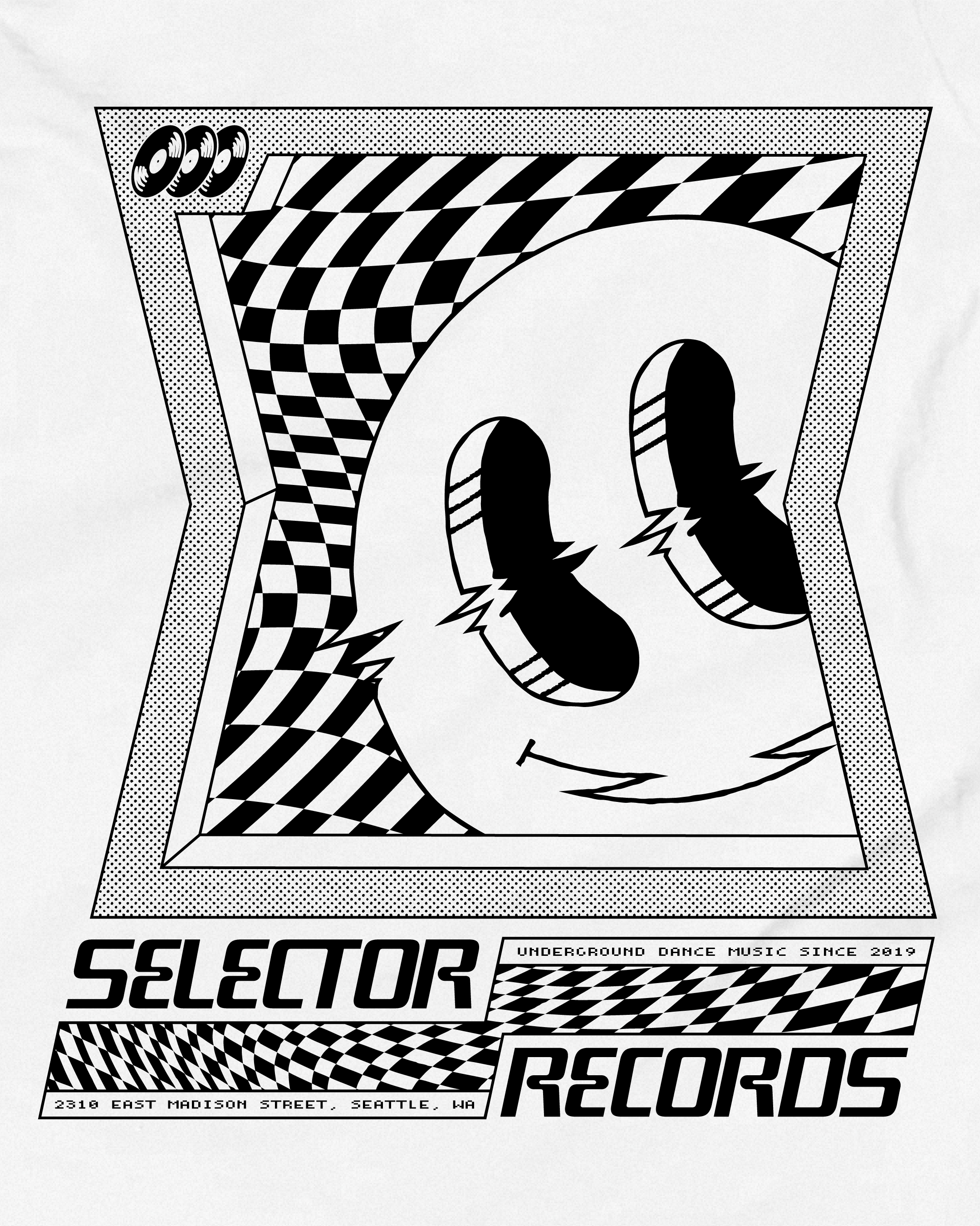 Selector Records Shirt apparel design face glitch graphics illustration lettering mightymoss rave records selector shirt typography