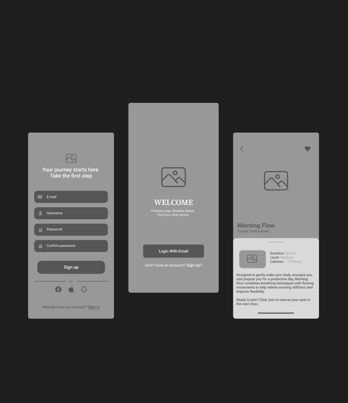 Yoga App Wireframe - Flow & Function First design mobileapp ux uxdesing wireframe yogaapp