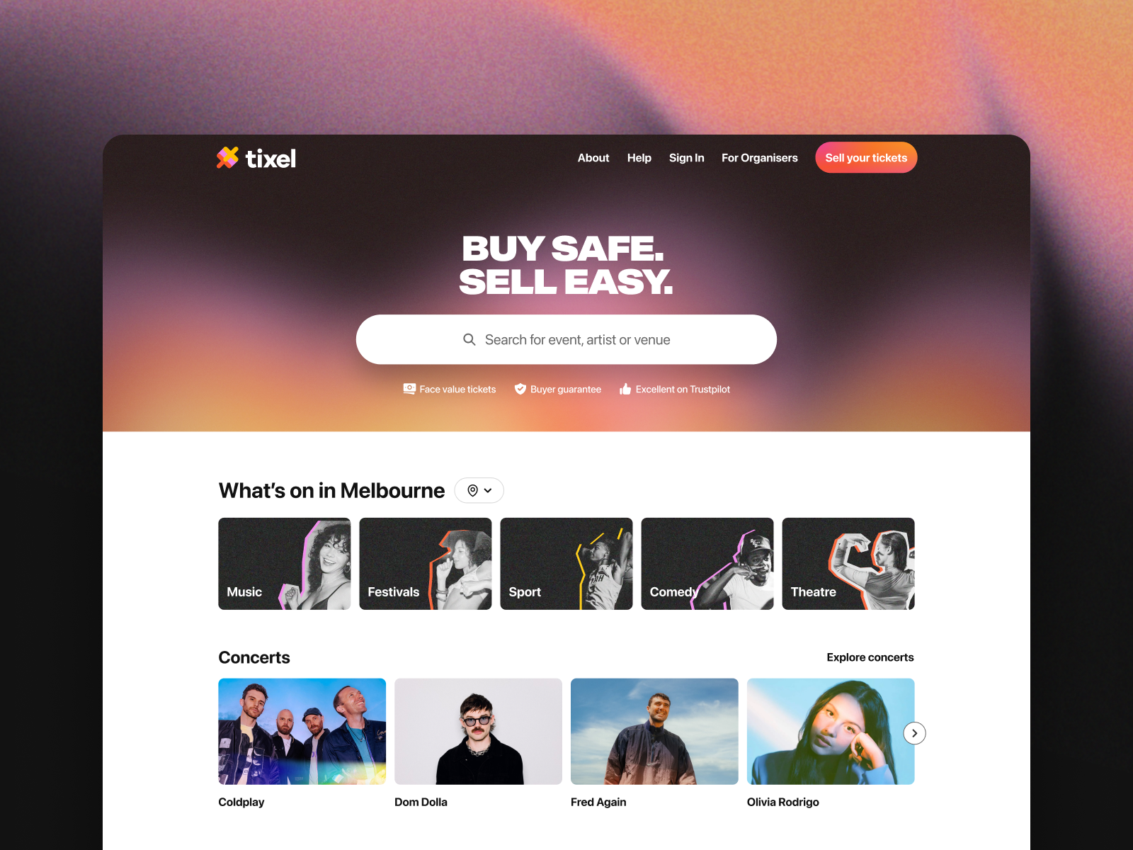 Tixel home page banner clean grain hero home page mesh gradient minimal modern music show ui ux website