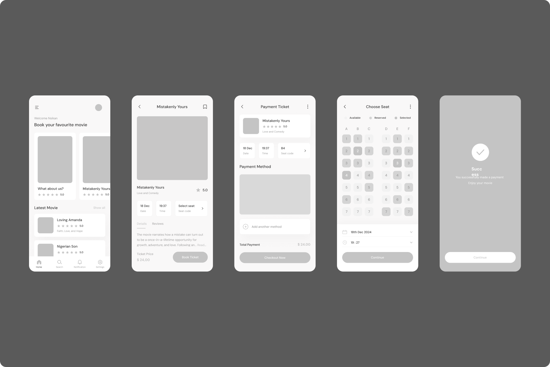 🎬 Low-Fidelity Movie Booking App UI cinema designs low fidelity mobile app movie product design seating ticketing ui ux